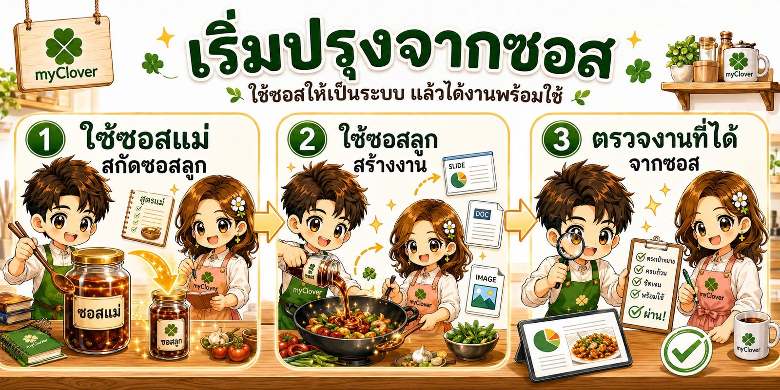 สามขั้นตอนของการปรุงจากซอส · ขั้นที่ 1 ใช้ซอสแม่สกัดซอสลูก · ขั้นที่ 2 ใช้ซอสลูกสร้างงาน เช่น สไลด์ เอกสาร หรือภาพ · ขั้นที่ 3 ตรวจงานที่ได้จากซอสว่าตรงเป้าหมาย ครบถ้วน ชัดเจน และพร้อมใช้